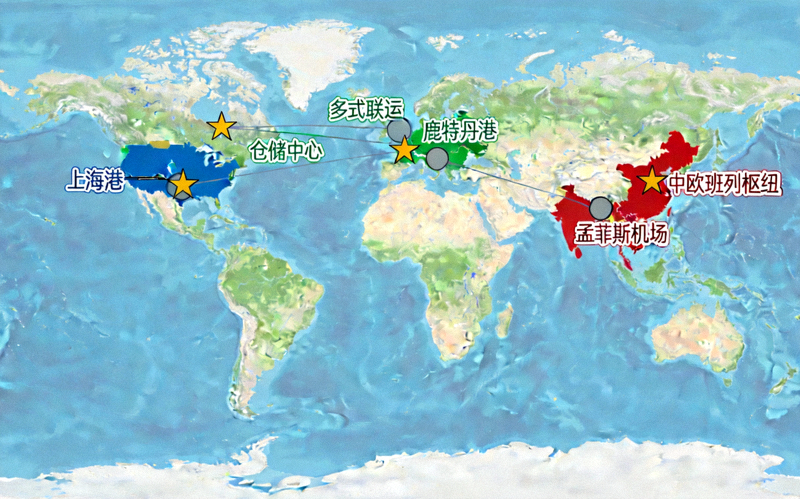 全球供应链网络地图与物流枢纽可视化图表，展示多式联运与仓储节点布局