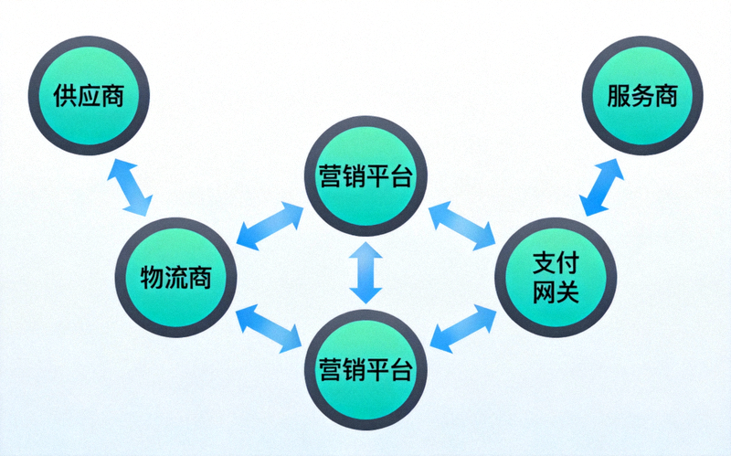 生态系统合作网络图，连接供应商、物流商、营销平台、支付网关与服务商